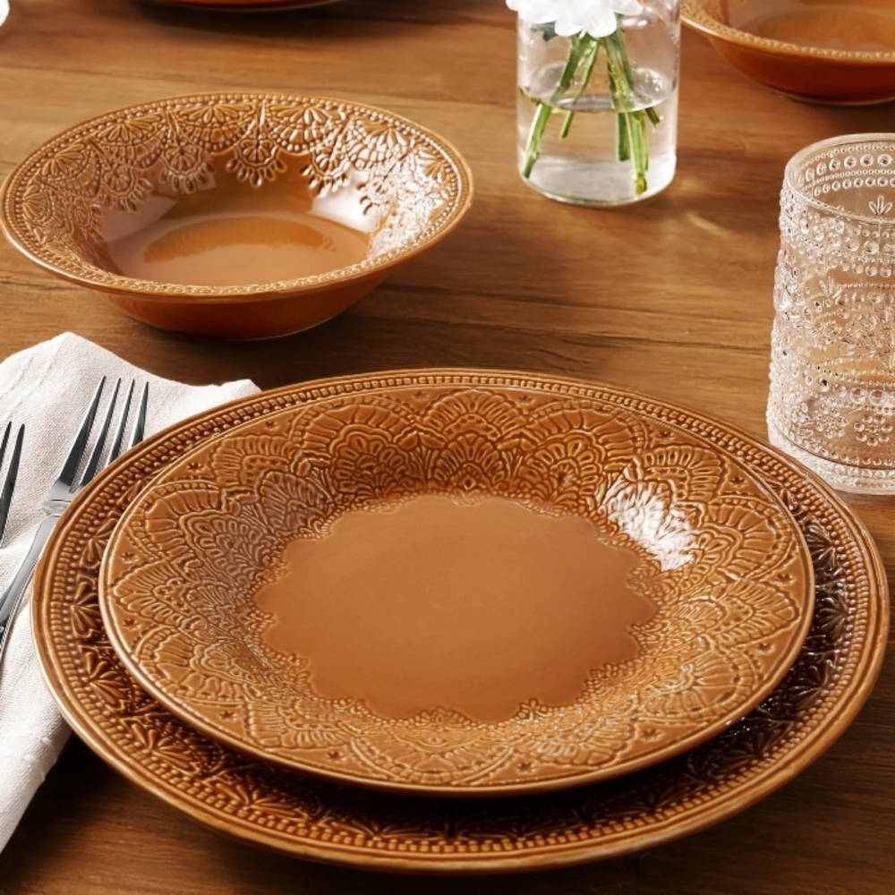 💜 3 PIECE Set New 2025 The Pioneer Woman Embossed Caramel Dinnerware Set